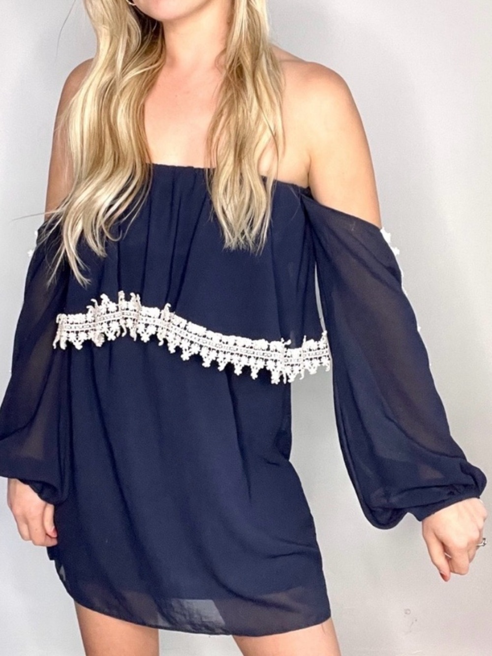 Judith March Navy Blue Off-Shoulder Dress with White Lace Trim